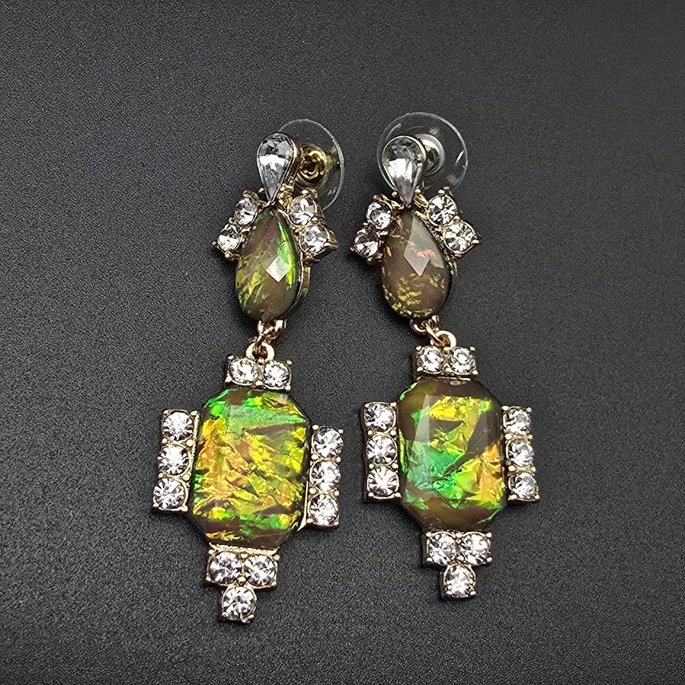 Green Iridescent Rhinestone Earrings Dangle Drop Glam